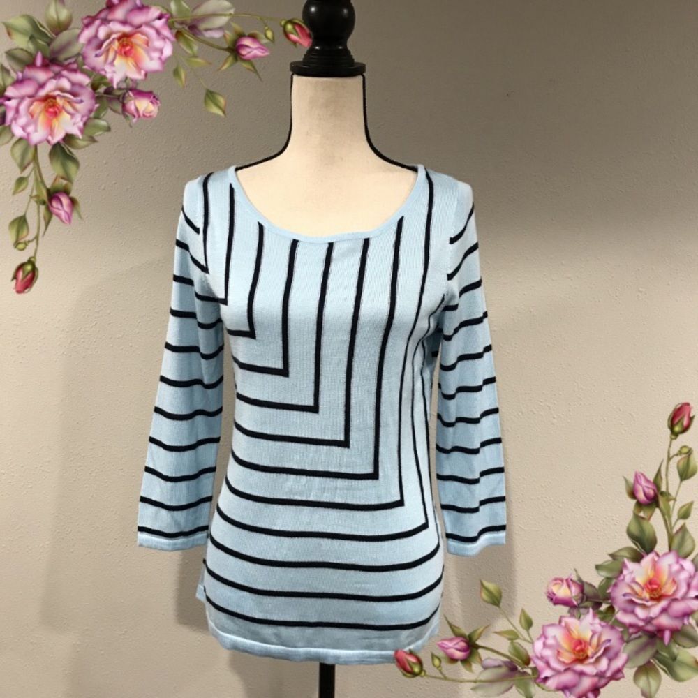 New York & Company Light Blue and Black Striped Scoop Neck Sweater